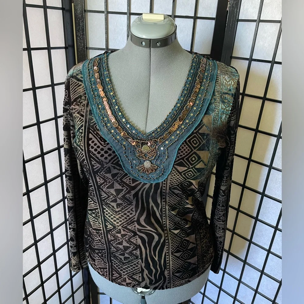 Vintage Unique Chagall Velvet Burnout Brown/Teal Top - Picture 2 of 10